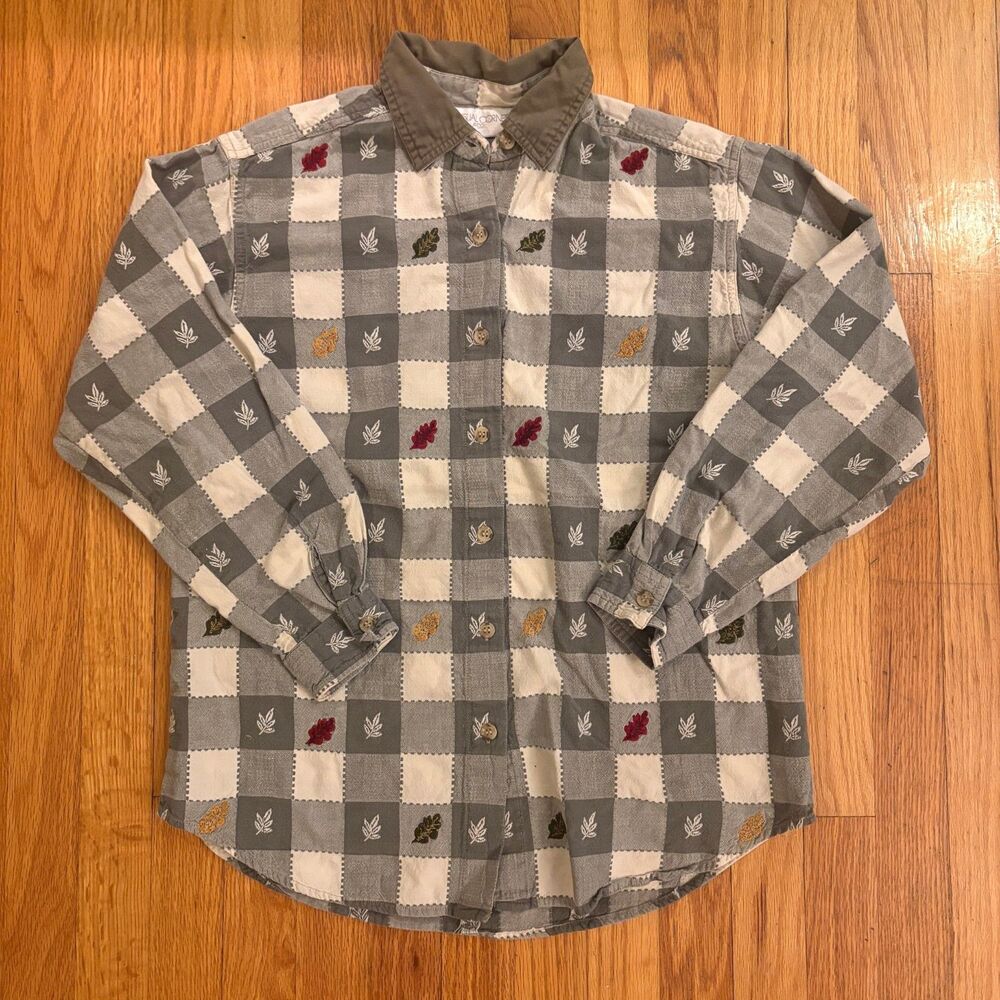 Vintage Gray and White Plaid Button Up Shirt with Embroidered Fall Leaves